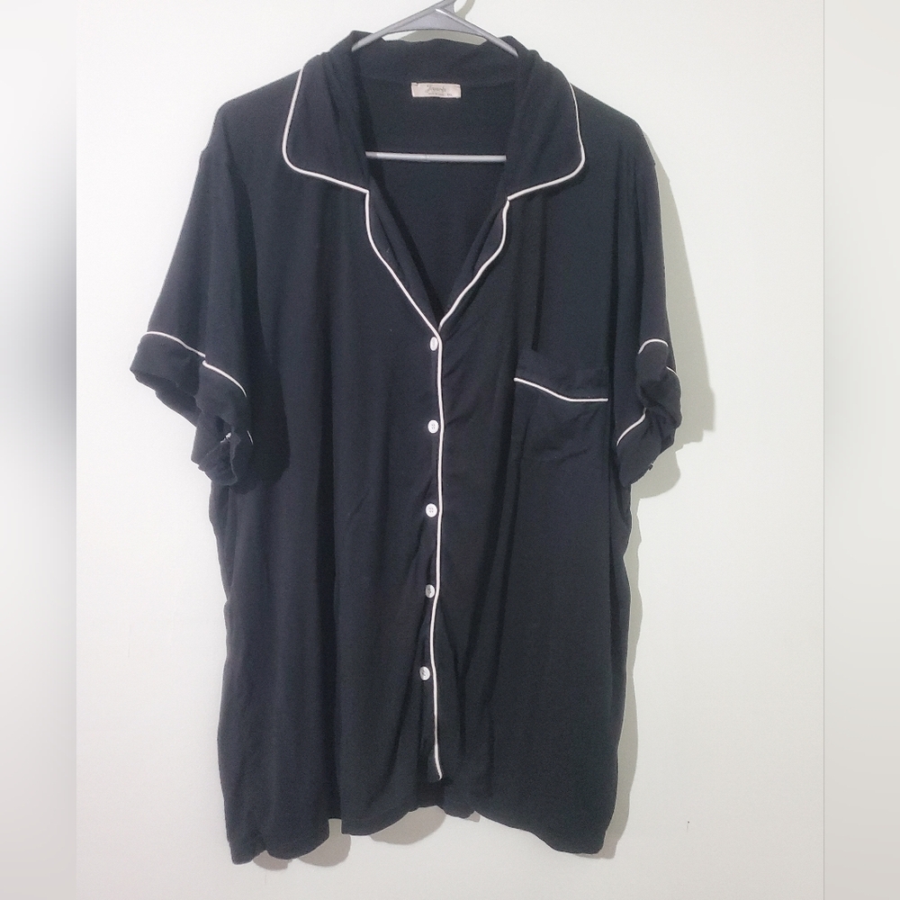 Joyaria Black Pajama Top XXL Soft Knit Button Front Lounge Shirt Piping Trim